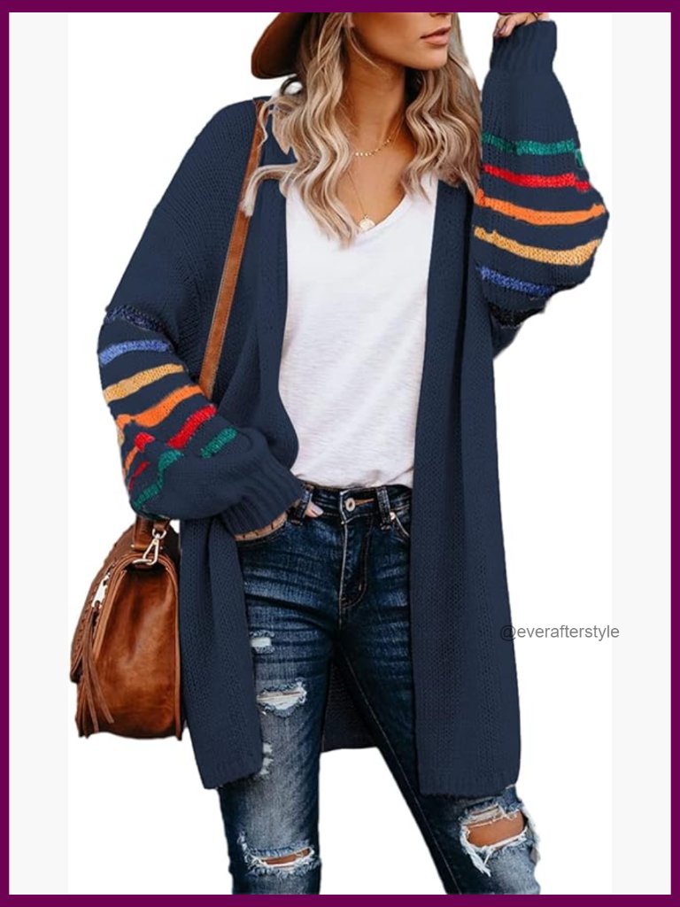 Striped Color Block Long Open Front Knit Cardigan Sweater Coat
